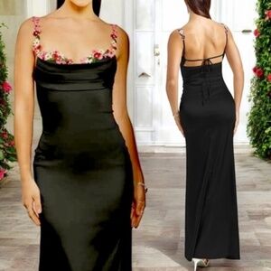 Black Satiny Floral-Embroidered Bust/Straps Fitted Evening Formal Maxi Dress NWT